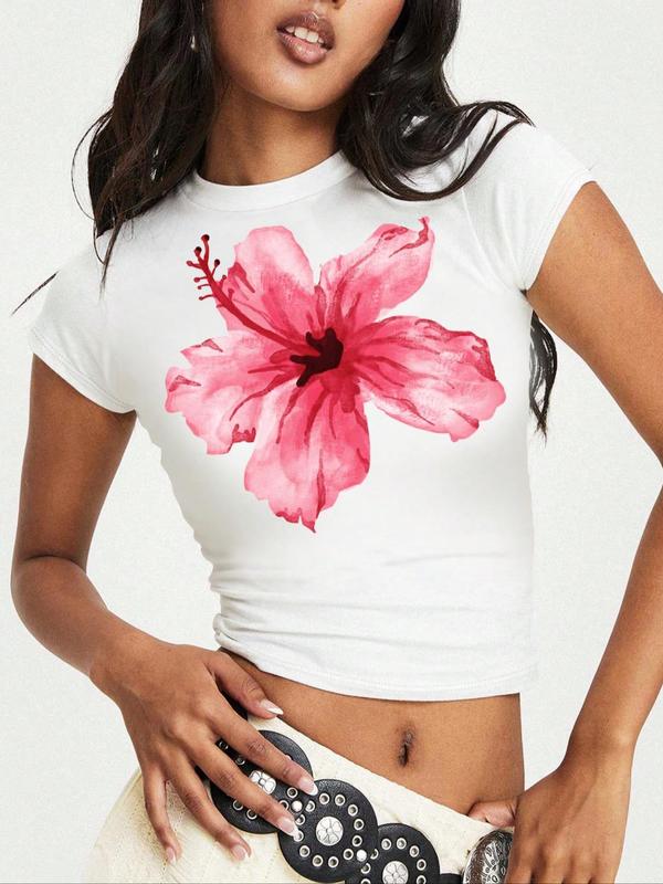 Women's Floral Print Round Neck Crop Tee, Y2K Casual Short Sleeve Crew Neck T-Shirt for Summer, Fashion Women's Top for Daily Wear 0