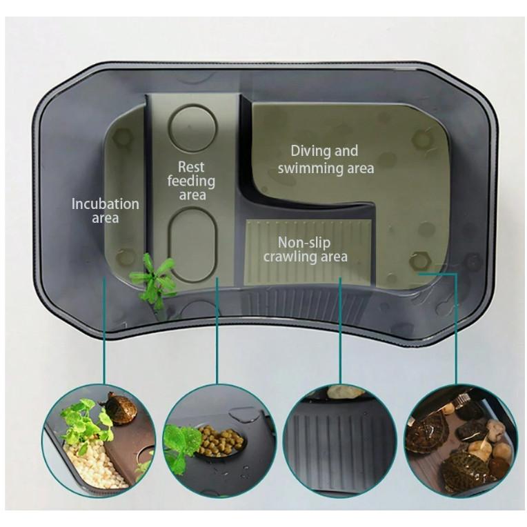 Product Introduction of 1pc Turtle Feeding Box Made Of PP Material, Equipped With Climbing Ladder, Sunbathing Terrace And Food Bowl 7