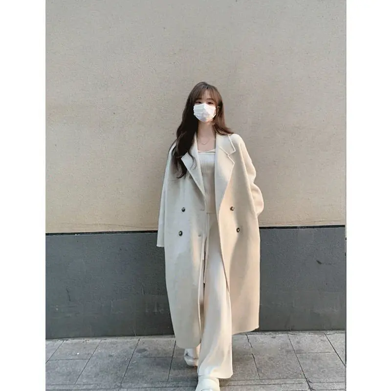 KAGEDSHOP Áo khoác dạ dáng dài 2 lớp form rộng 4 cúc túi sườn be đen, Áo khoác blazer nữ cổ vest chất dạ lì phong cách ulzzang 2