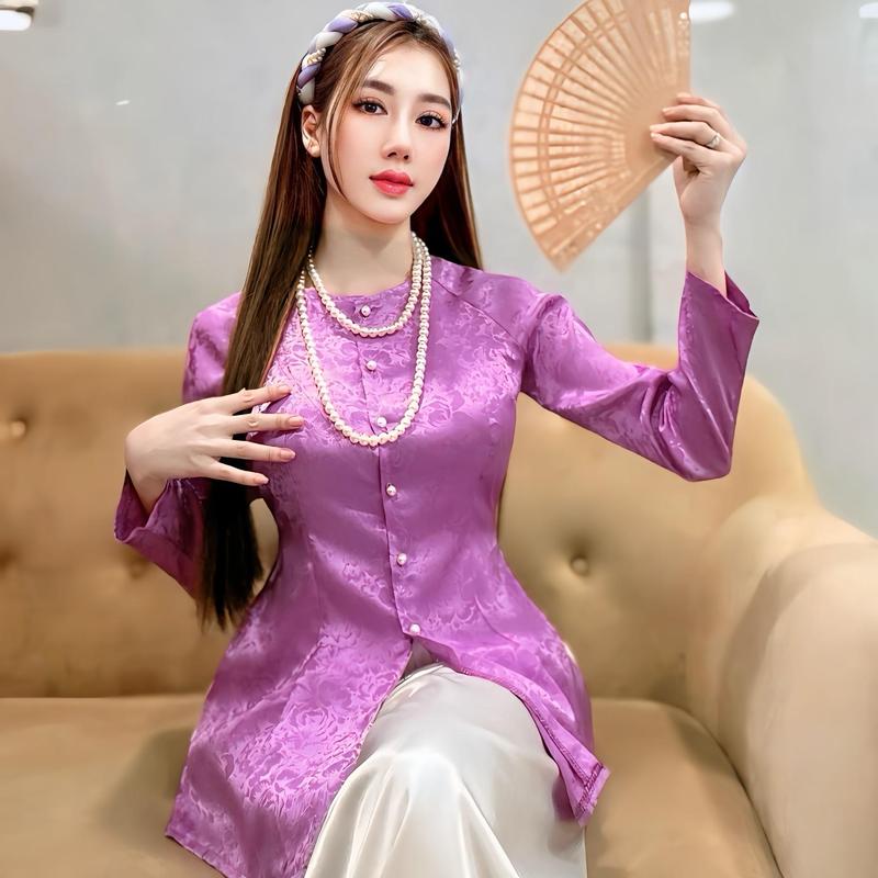 Xưởng May Hân Nguyễn - B.A47 - Bộ Áo Bà Ba Gấm Hoa Cài Nút Cổ Tròn ( QUẦN TRẮNG ) Nữ Women Top