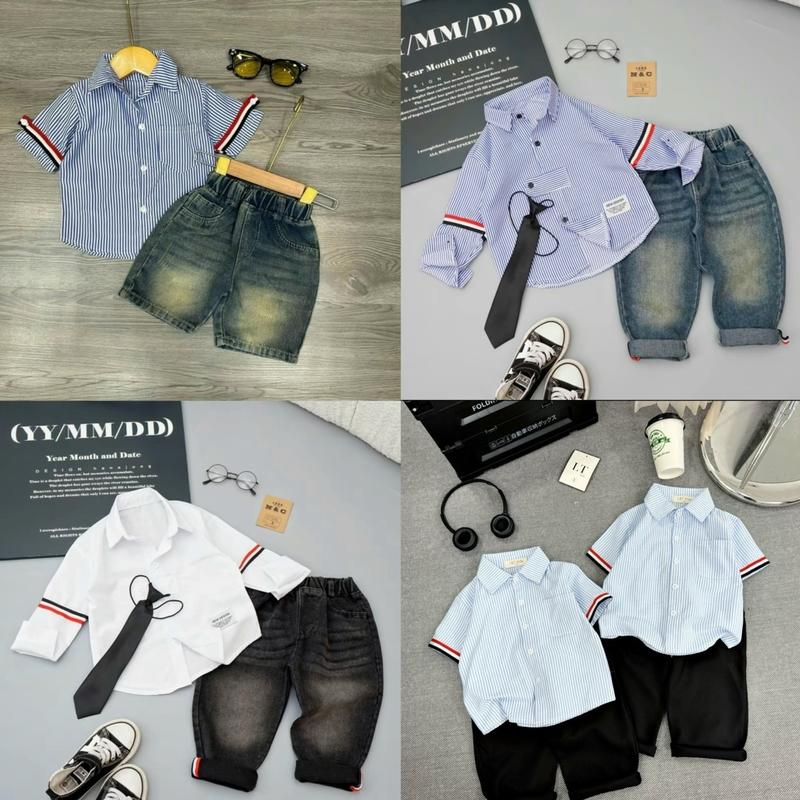 Bộ sơ mi cộc boy phố gồm 1 áo 1 quần jean cho bé trai sz 8-28kg Tay ngắn Tay dài mua 5 bộ kèm kính Shop Linh kids 88