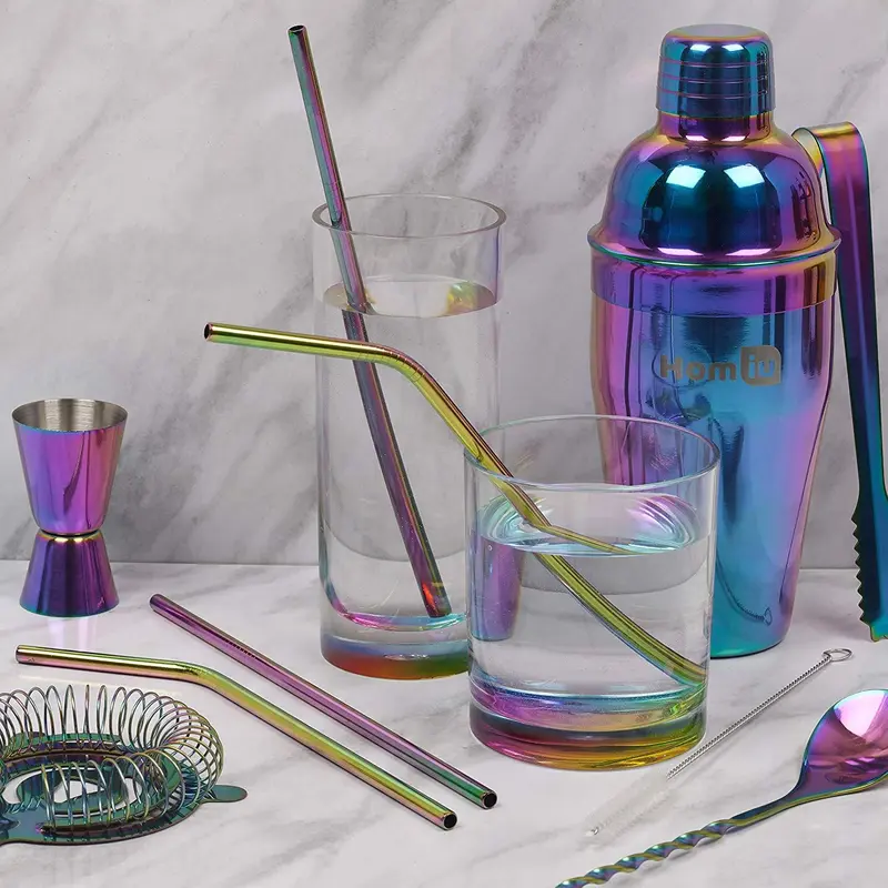Homiu Stainless Steel Rainbow Straw Forever 4 Pack Includes Cleaning Brush Drinkware Metal 1
