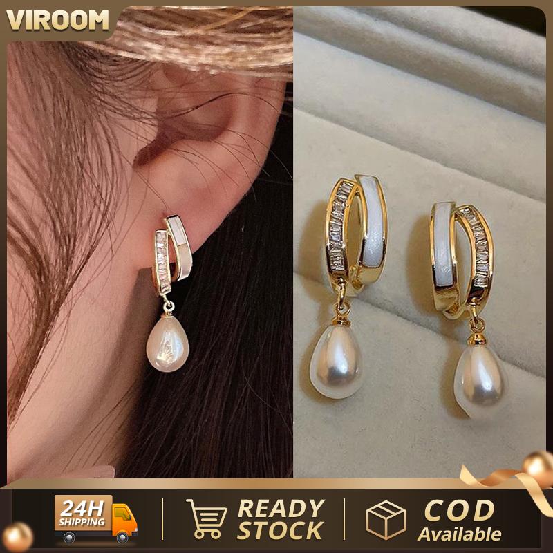 1 Pair Fashion Silver Needle Double Layer C-shaped Zircon rhinestones Drop Temperament Earrings for women Girl Water Drop Pearl Earrings