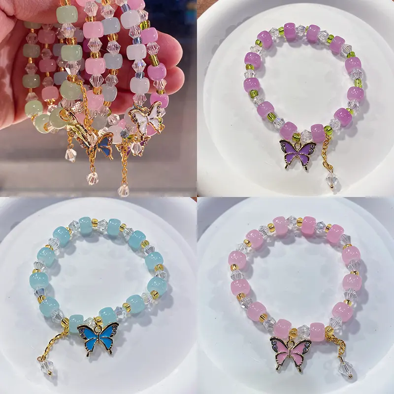 2024 New Jujube Beads Butterfly Glazed Bracelet Beaded Candy Color Children Students Bracelet Wholesale Internet Hot