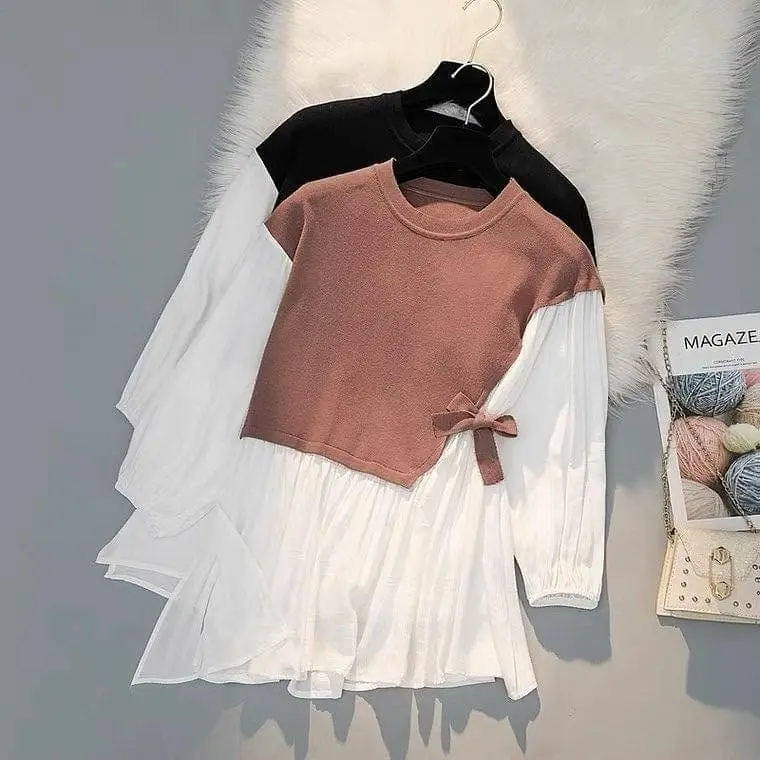 Vallina Outfit - Konina Top Blouse Two Tone Premium Atasan Sweatshirt Remaja Wanita Muslim Korean Style Nyaman Panjang Baju Basic