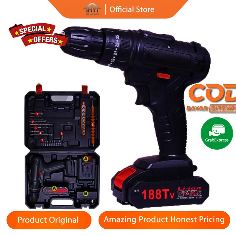 Hangyan Mesin bor baterai 188 Tv bor baterai cas komplit 10mm Bor cas Mesin Bor Baterai Tangan Cordless Drill Battery Fungsi Bor Cordless bolak balik Dapat Digunakan Pada Kayu Beton, Logam,tembok