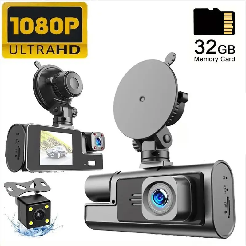 Car DVR, 1080P Car DVR with 2.0 Inch IPS Screen, Car Front & Inside & Rear 3-Camera Driving Recorder, Automotive Camera with Loop Recording, Car Essentials, Dashcam, Black 0