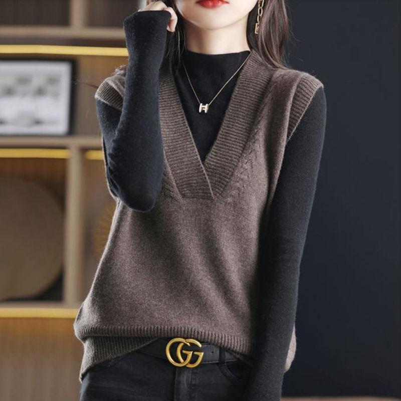Product Introduction of Rompi Berkait, untuk Wanita, Musim Bunga dan Musim Luruh, Gaya Korea Baru, Leher V, Sweater Tanpa Lengan, Pendek, Warna Pepejal, Rompi, Atasan Dalam dan Luar 1