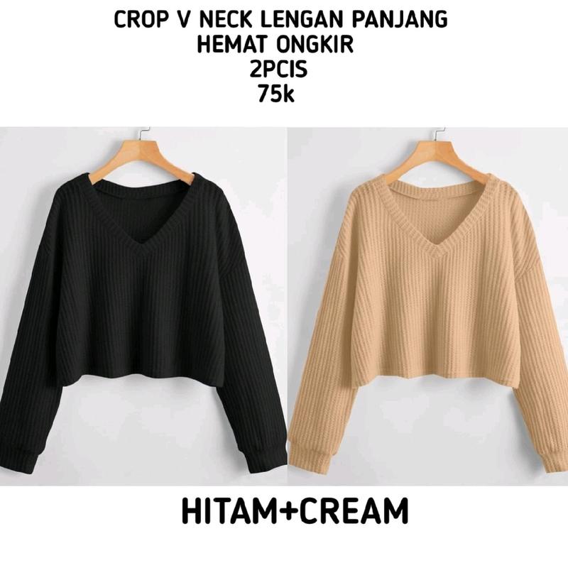 Promo 2pcis Crop V Neck Lengan Panjang Wanita - Baju Knitwear Nyaman - Formal, Midi kemeja vest jumbo 5