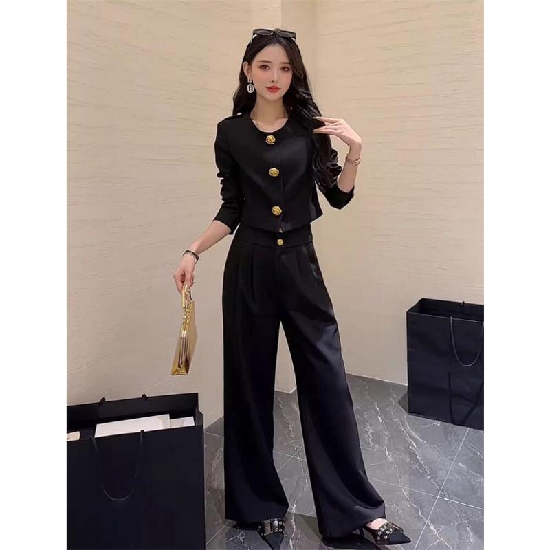 FADFAD  【ready stock】Setelan Fashion Wanita  Atasan Lengan Panjang dan Celana Berwarna Hitam Dengan Gaya Modis 0