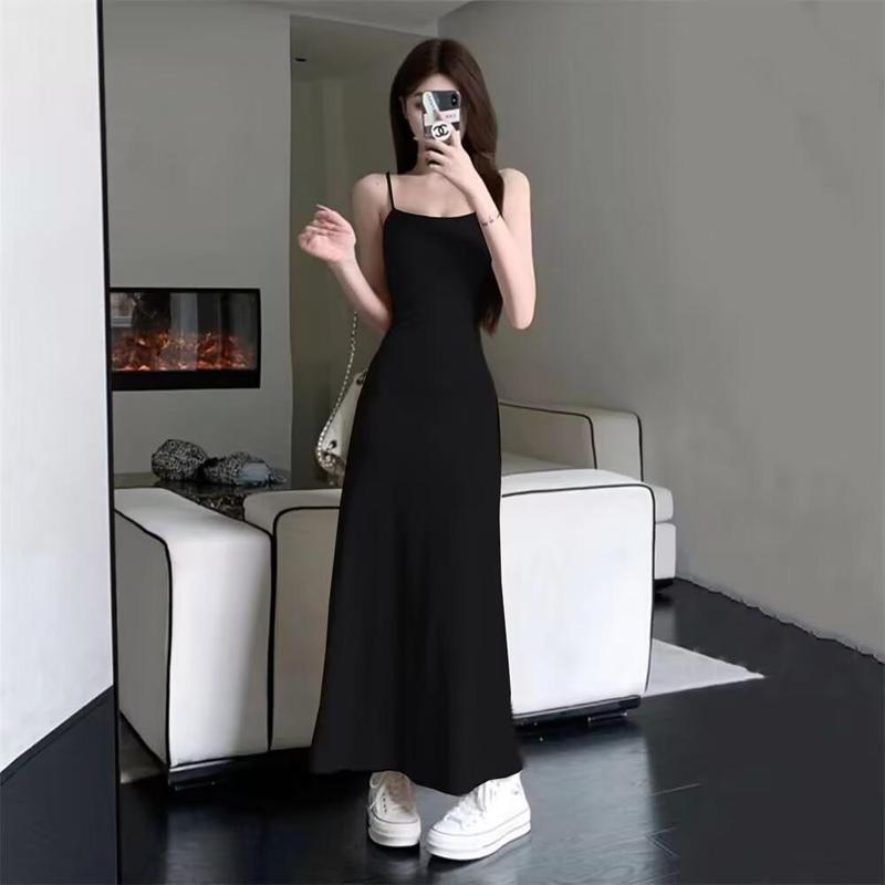 Product Introduction of Summer Dress Hot Girl Elastic Strap Dress Women Sleeveless Off-Shoulder Waist-Cinching One-Shoulder Base Long Dress 3