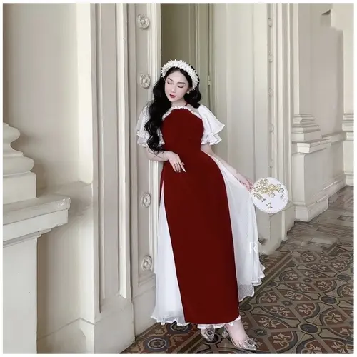 [N.T BIGSIZE] Mã : SET ÁO DÀI NHUNG CỔ YẾM KÈM CV MIDI XẾP LY