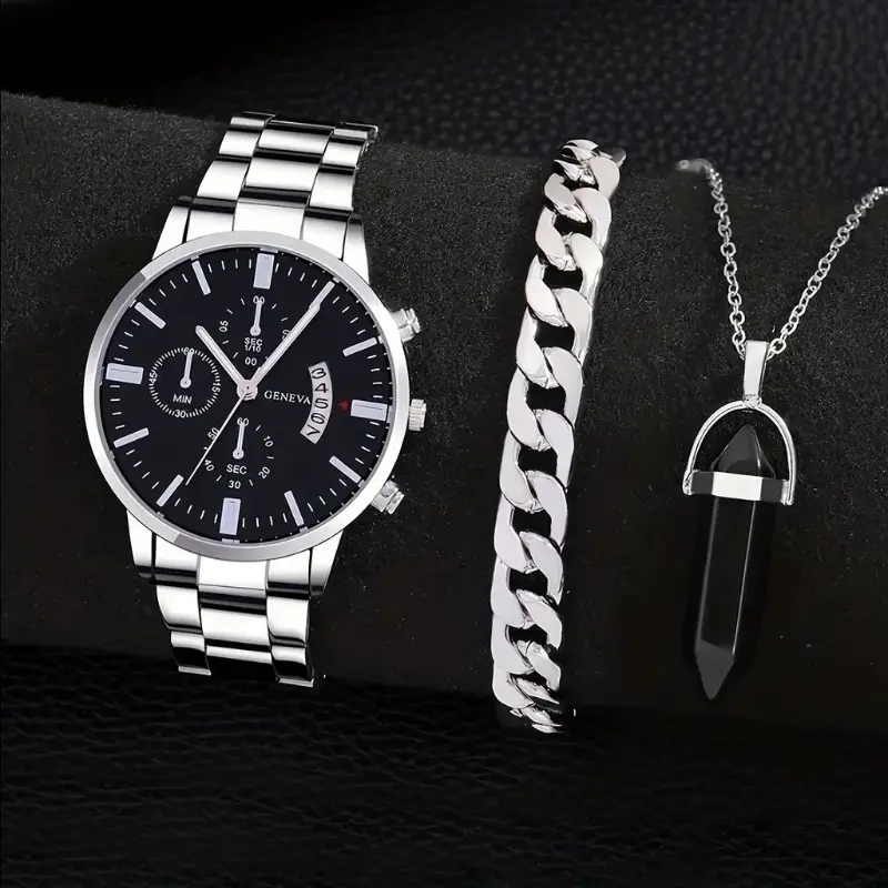 3pcs  Men's Calendar Business Fashion Quartz Wrist Watch Stainless Steel Strap and Necklace Bangle Set Ideal for Boys