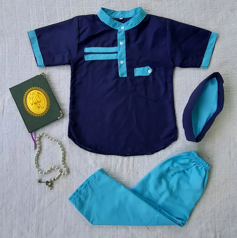 setelan baju koko anak laki-laki lengan pendek Katun Polos Kancing Muslim Peci Turki Kurta Nyaman 5