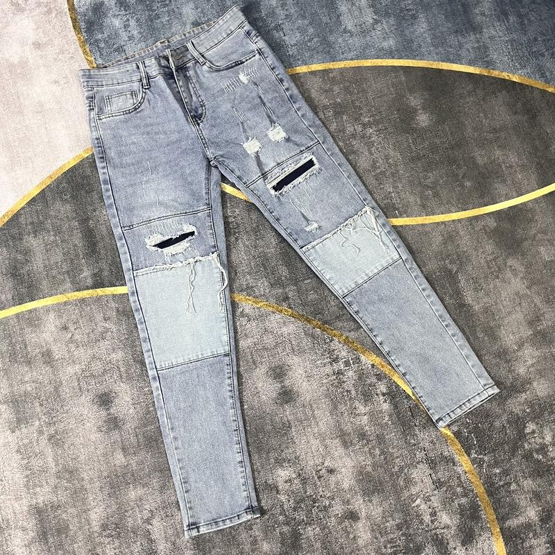 SALE Quần jean nam rách vá gối to chất bò cotton co dãn màu xanh nhạt quần vá da Pants Menswear