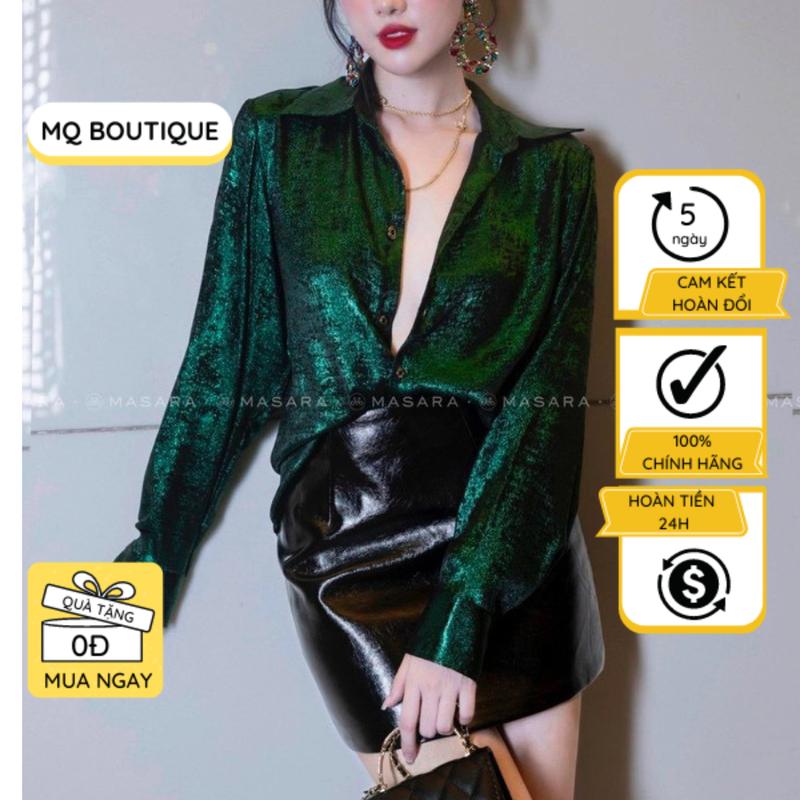  Áo sơ mi dài tay kim sa ánh kim xanh vang bạc công sở sang trọng cao cấp áo sơmi họa tiết thiết kế MQ Boutique 