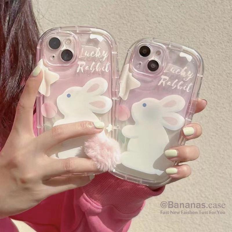 Cute Cartoon Teddy Rabbit Pattern Transparent Phone Case Compatible for iPhone 15 14 13 12 11 Pro Max X XR XS 8 7 Plus SE 3D Hairball Clear Soft Back Cover 2