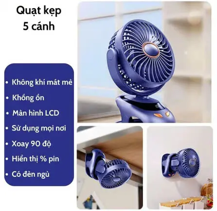 Quạt Mini N33 | Quạt kẹp bàn Tích Điện Pin 6000 mAh Thời Gian 6-12h Liên Tục, Dung Lượng Lớn, Có Đèn, HIển Thị % Pin
