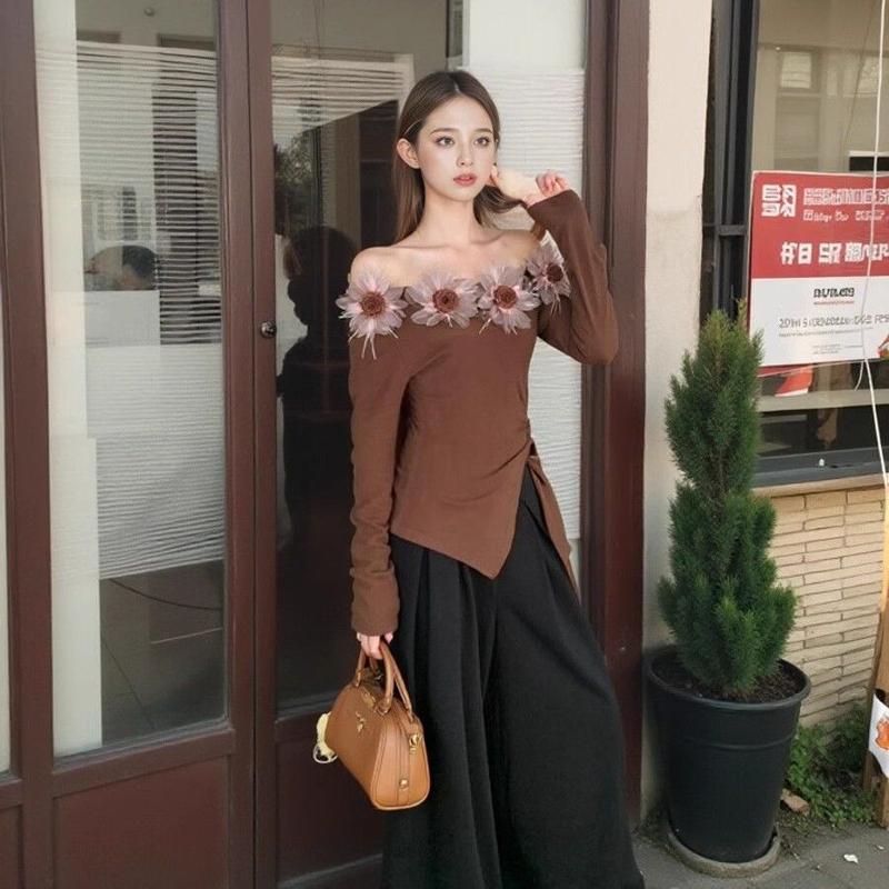 Product Introduction of Áo Thun Dài Tay, Phong Cách Hàn Quốc, Thiết Kế Hoa Nhẹ Nhàng Dành Cho Nữ, Hàng Mới Về Đầu Mùa Thu, Tay Áo Dài, Buộc Dây Bất Đối Xứng Vai Nghiêng, Áo Sơ Mi Lớp Nền, Áo Đẹp 17