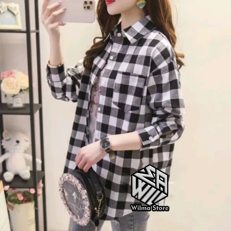 Kemeja Flanel Wanita Lengan Panjang Motif Kotak Best Seller Atasan Casual Baju Oversize Top 5