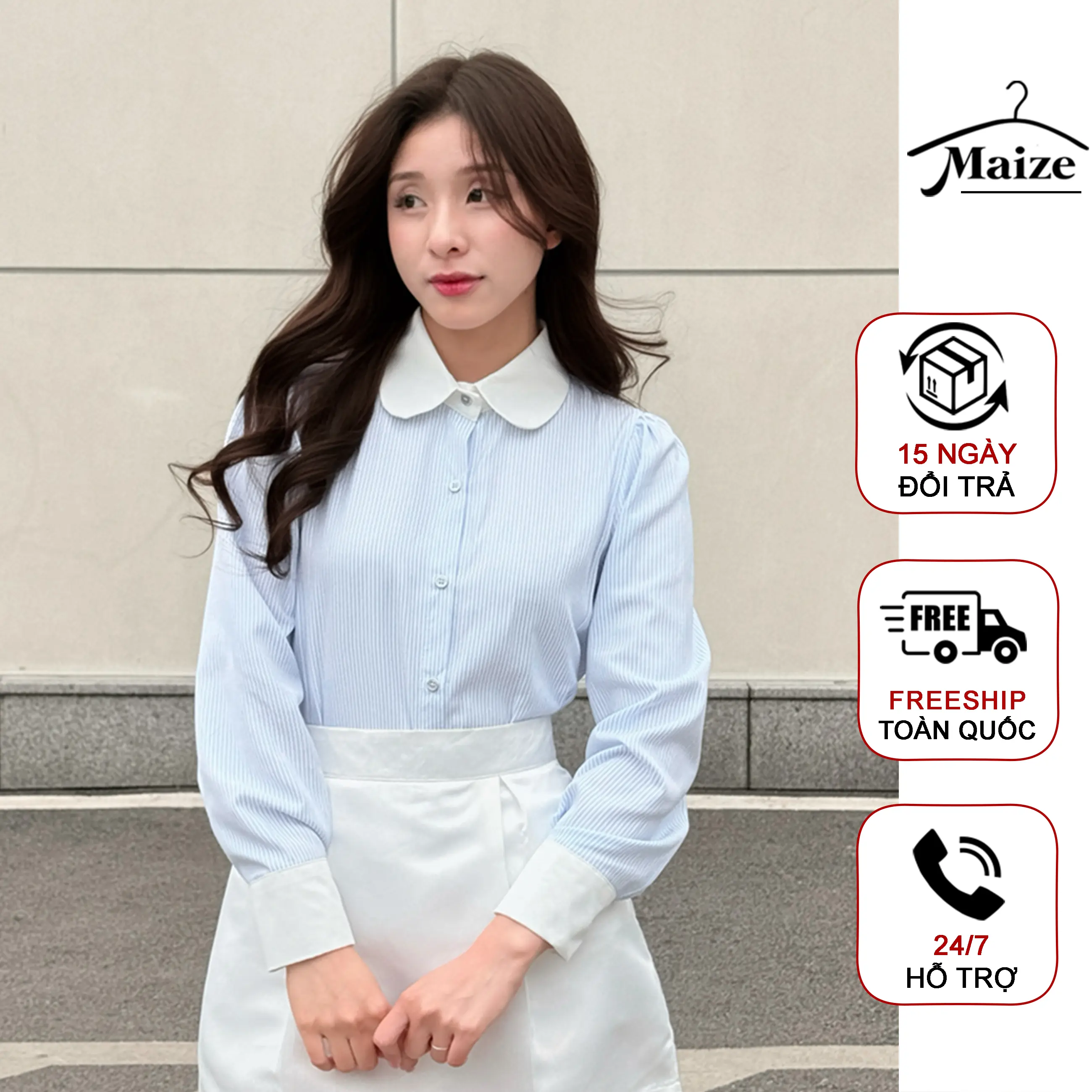 Áo sơ mi nữ dài tay kẻ sọc Maize thiết kế cổ sen sang chảnh, chất liệu Tăm Hàn mềm mại chống nhăn