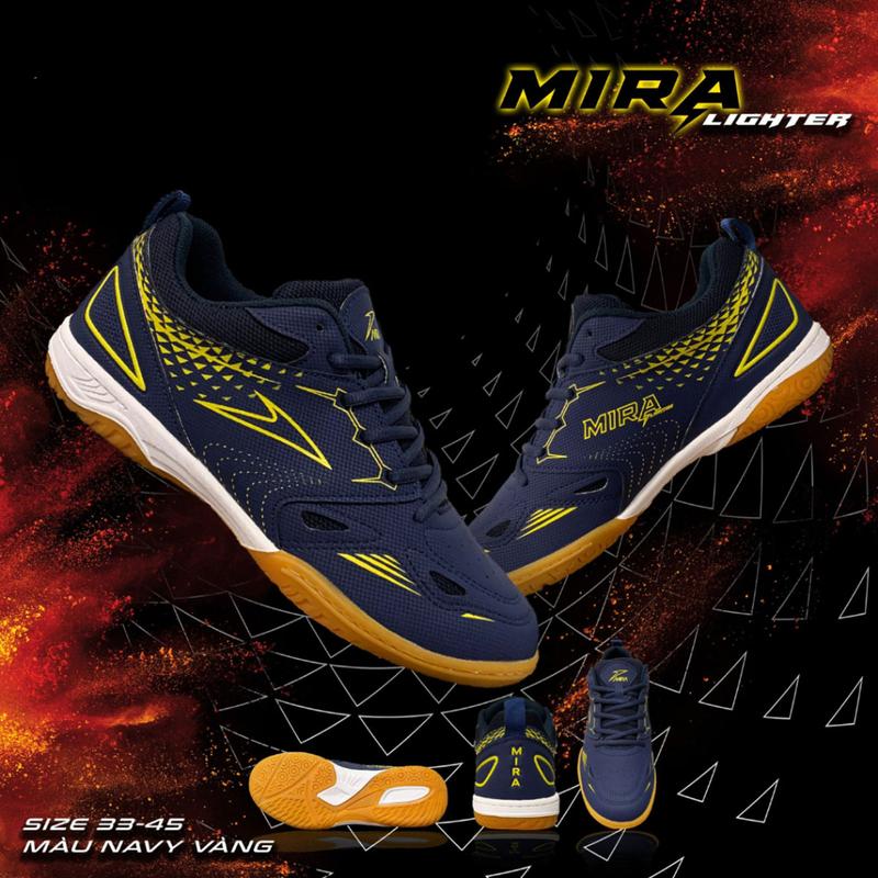 [TIẾN LÊN 1 SIZE] Giày Cầu Lông, Bóng Bàn, Bóng Chuyền Mira Lighter Chính Hãng Mầu Xanh Vàng Da Vân Nổi, Đế Kép Eva Chống Trượt Đế Đã Được Khâu Nam Sneaker Sport