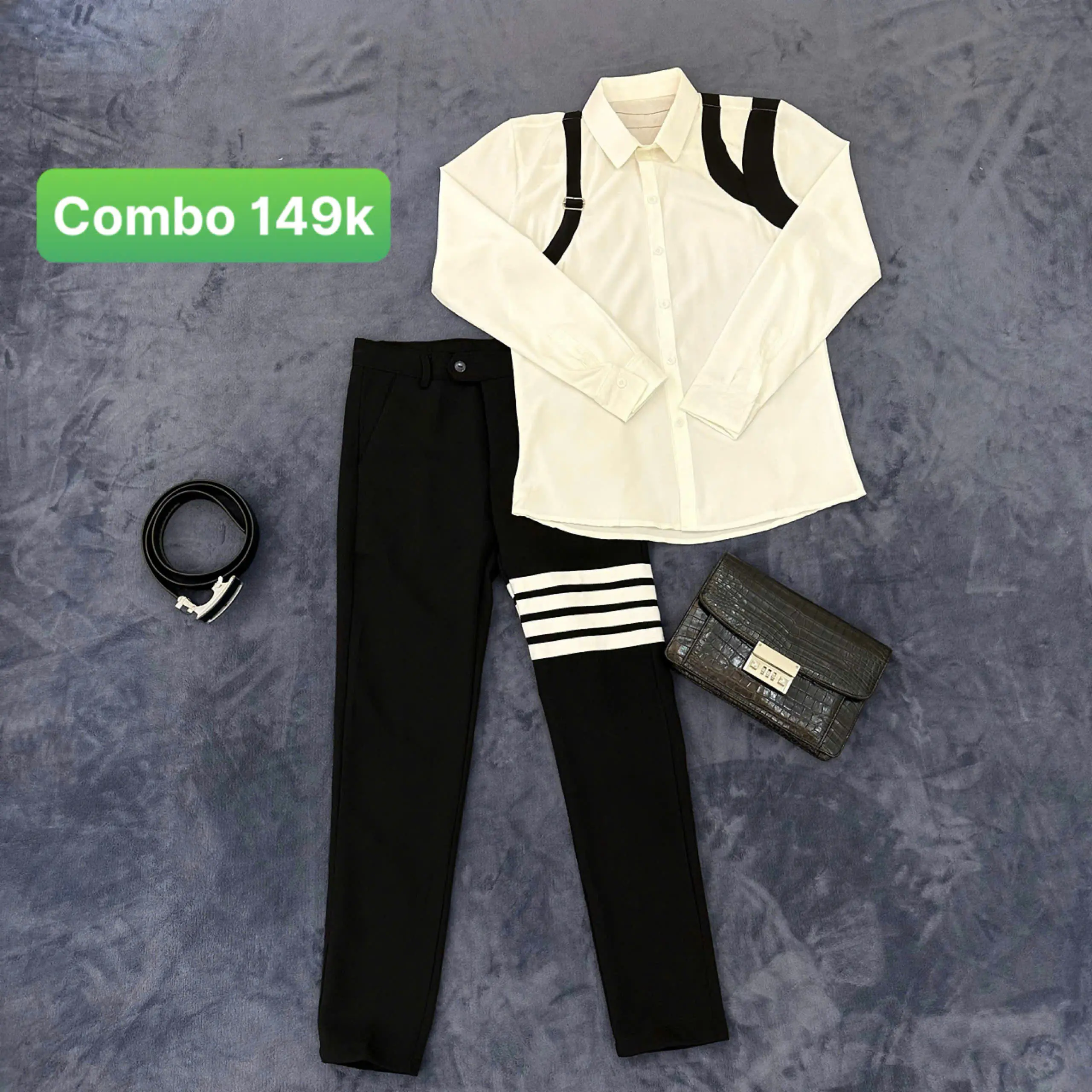 Bộ Sét Quần Thom 4 Xọc Trắng + Sơ Mi Dài Tay Nam Cao Cấp Menswear Áo - Shirt phối hoạ tiết màu đen nổi bật toát lên vẻ sang trọng và trẻ trung phù hợp với boy phố