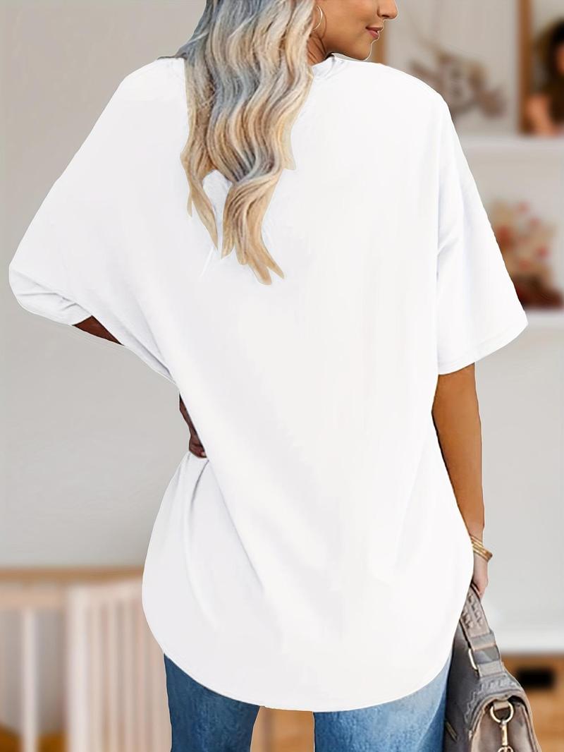 Product Introduction of 【Plus Size】 Letter Print Round Neck Tee, Casual Short Sleeve Crew Neck T-Shirt for Summer, Women's Plus Clothing for Daily Wear 8