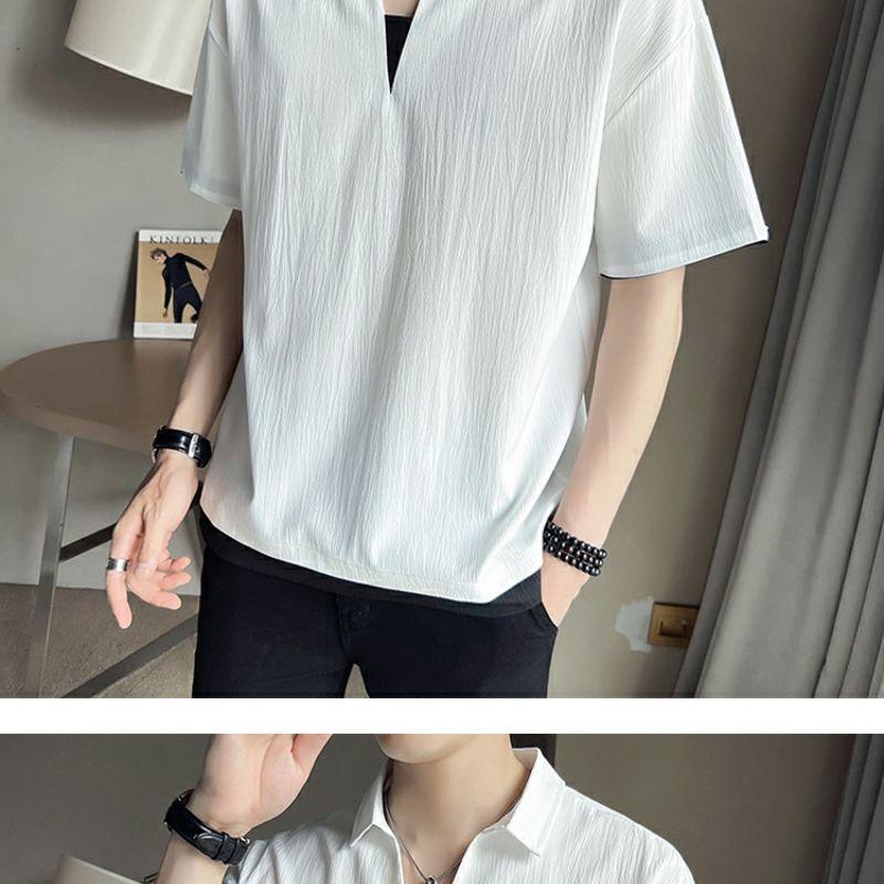 Product Introduction of 2025 Fake Two-Piece V-neck T-shirt Men's Ins Fashion Brand Short Sleeve Polo Shirt Ice Silk Half Sleeve 2023 New Summer Matching Suit 25