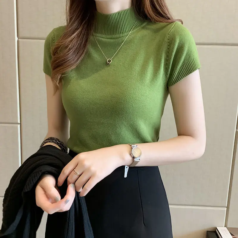 2024 Summer Ice silk half high neck knit shirt women short sleeve bottoming shirt inner Slim undershirt short section thin tops slim-fitting plain t-shirts