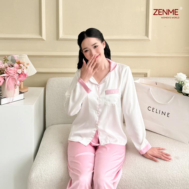 Đồ bộ ngủ lụa Pijama tay ngắn quần dài lụa latin Việt Nam cao cấp Zen Me Women’s World PJD0523 Áo Ngủ Quần Ngủ