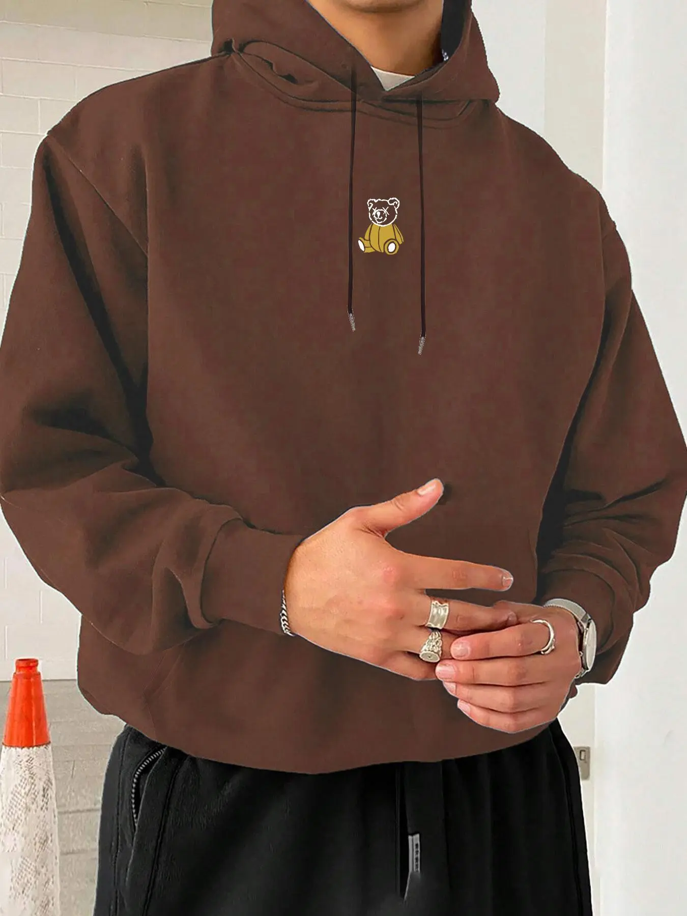 Men's Cartoon Bear Print Drawstring Hoodie, Casual Regular Fit Long Sleeve Hooded Sweatshirt for Fall & Winter, Men's Top for Daily Wear