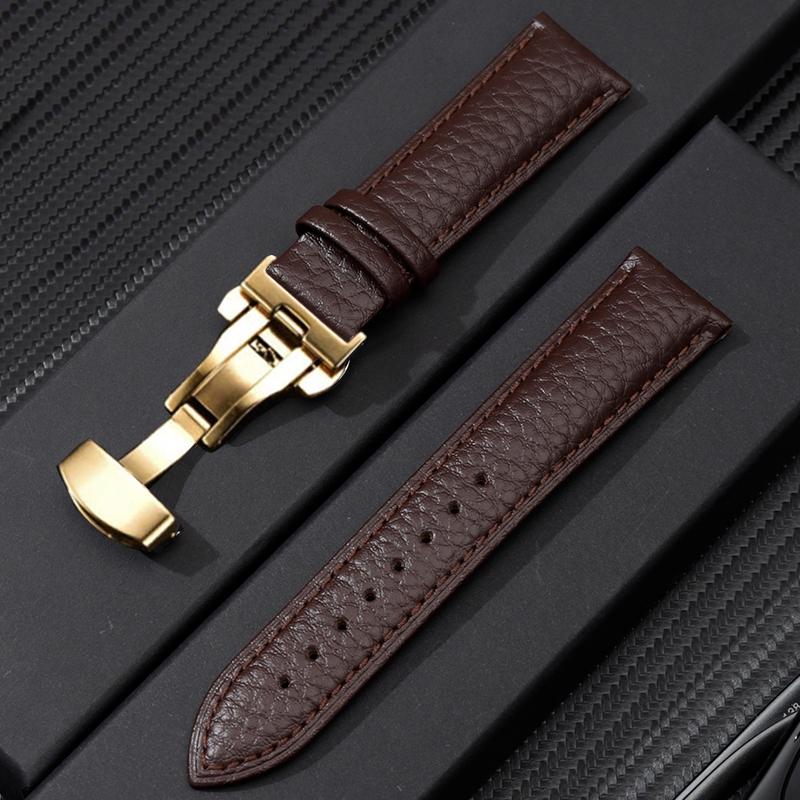 (Nâu Đậm) Dây đồng hồ da bê mềm họa tiết da trâu BO-29 KHÓA BƯỚM chống thấm nước 12 14 16 18 20 22mm