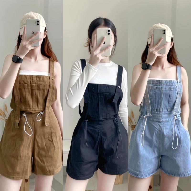TIENSTYLE_ Quần Yếm Jean Short Nữ Rút Eo Hai Dây Có Túi -Women Pants Trắng Đen Xanh Nâu, Size S M L 40-60kg