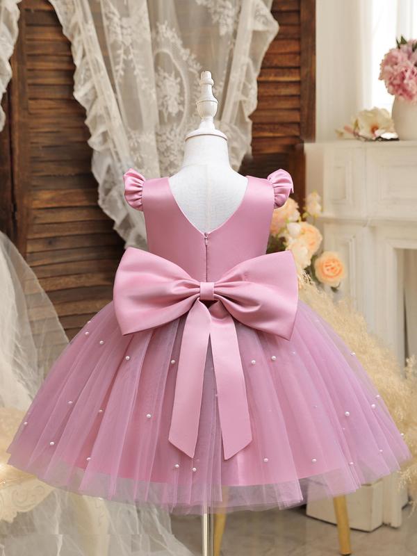 Girl's Faux Pearls Decor Big Bow Round Neck Dress, Elegant Sleeveless Contrast Mesh Dress for Party Wedding Guest, Kids Summer Clothes 1
