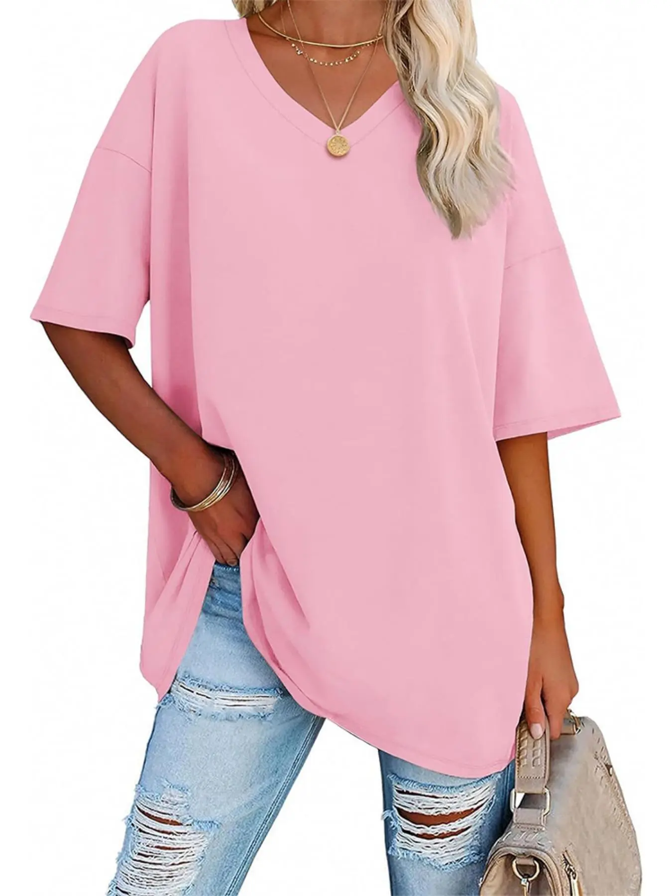 Women's Plain V Neck Drop Shoulder Tee, Casual Half Sleeve T-Shirt for Summer, Ladies Clothes for Daily Wear
