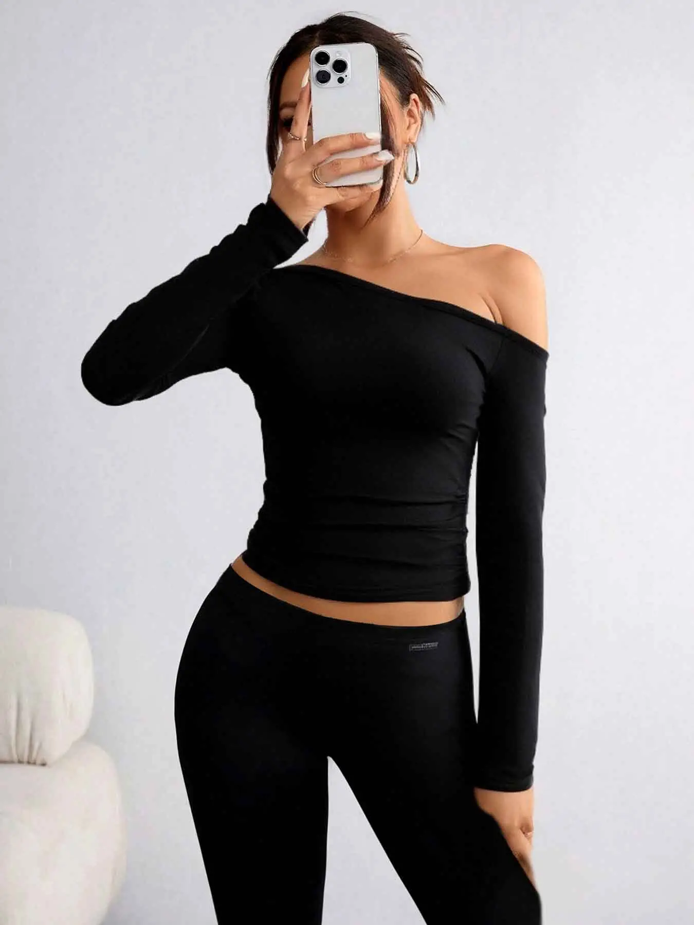 Women's Plain Off Shoulder Tee, Casual Long Sleeve T-shirt for Summer, Women's Top for Daily Wear