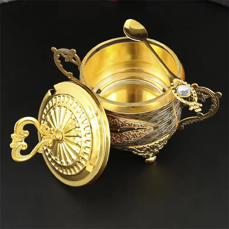 European Style Storage Jar with Lid & Spoon, 1 Count Exquisite Vintage Spice Tea Coffee Sugar Storage Box, Desktop Decoration for Home Kitchen Dining Room, Bottles 4