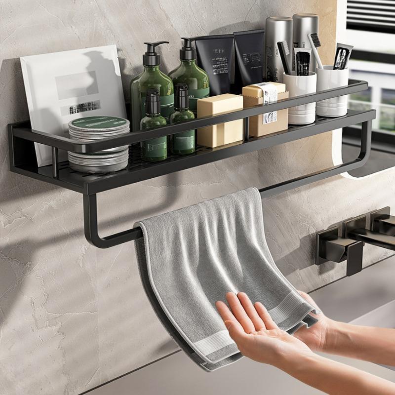 Wall Mounted Bathroom Storage Rack, 1 Count Metal Bathroom Toiletries Storage Shelf, Bathroom Drain Storage Rack with Rod, Bathroom Organiser, Household Towel Holder 3