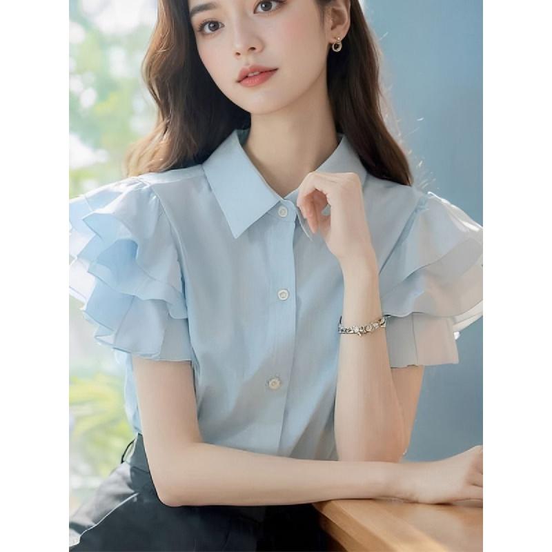 Product Introduction of (in Stock) European Goods Beautiful Fashion Casual Temperament High-Grade Super Nice Top Blue Ruffled Short Sleeves Women's Shirt Women's Summer Blouse Lingerie 10