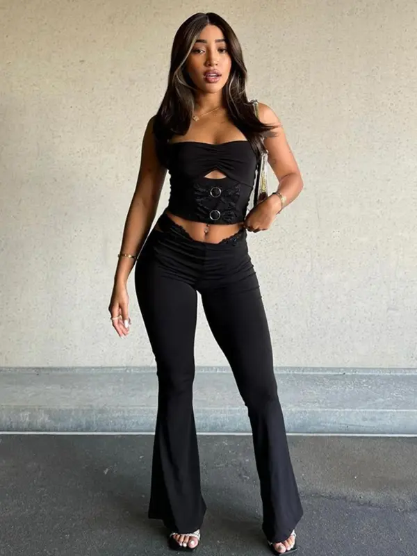 Women's Solid Color Crop Cami  Top & Flare Leg Pants Set, Casual Fashion Cozy Two-piece Outfits for Daily Outdoor Wear, Ladies Clothes for Summer 0