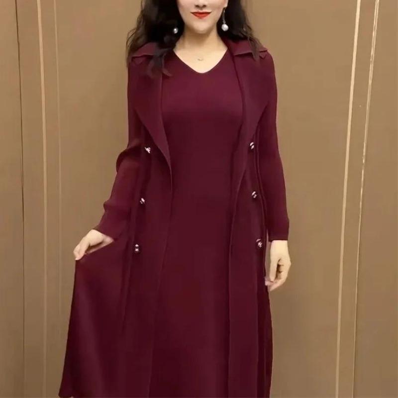 Product Introduction of 2024 Spring Autumn Fake Two-piece Dress Women Fashion Casual Fake Windbreaker Plus Size Waistband Dresses Female Mid-Long Fake Cardigan Jacket Dress Vestidos 14