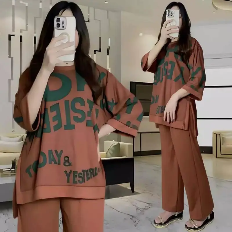 INKASHOP80- YESTER LD 120 SETELAN WANITA CELANA DAN ATASAN OVAL OVERSIZE WANITA BAJU KANTONG KARET KAOS DEWASA Simple 0