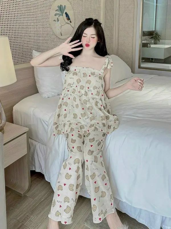 (FreeSize 50-62kg) Set đồ bộ Áo nữ dây gấu xinh cao cấp women 1