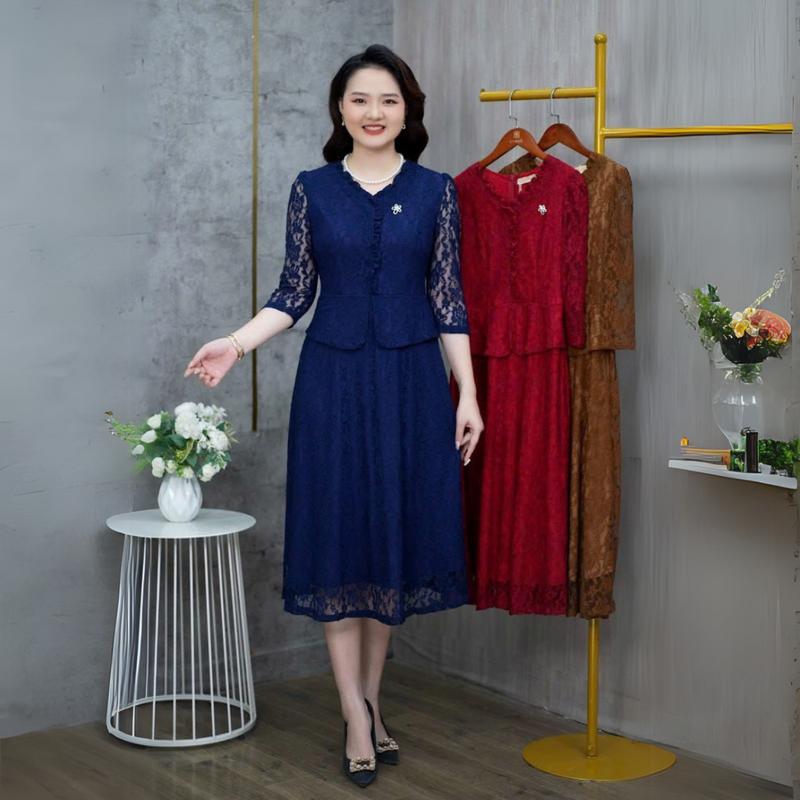  Đầm trung niên thiết kế tặng mẹ LYBEE LV940 chất ren đi cưới đi tiệc sang trọng đủ size 45-80kg Nữ Nữ Women Dress 