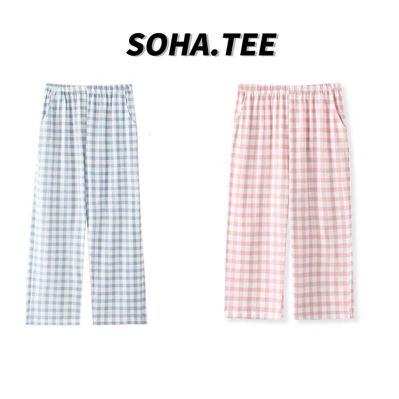 QUẦN KẺ CARO NHỎ ỐNG RỘNG HỒNG XANH LƯNG CHUN FORM RỘNG CẠP CAO, QUẦN DÀI KẺ ỐNG ĐỨNG - SOHA TEE