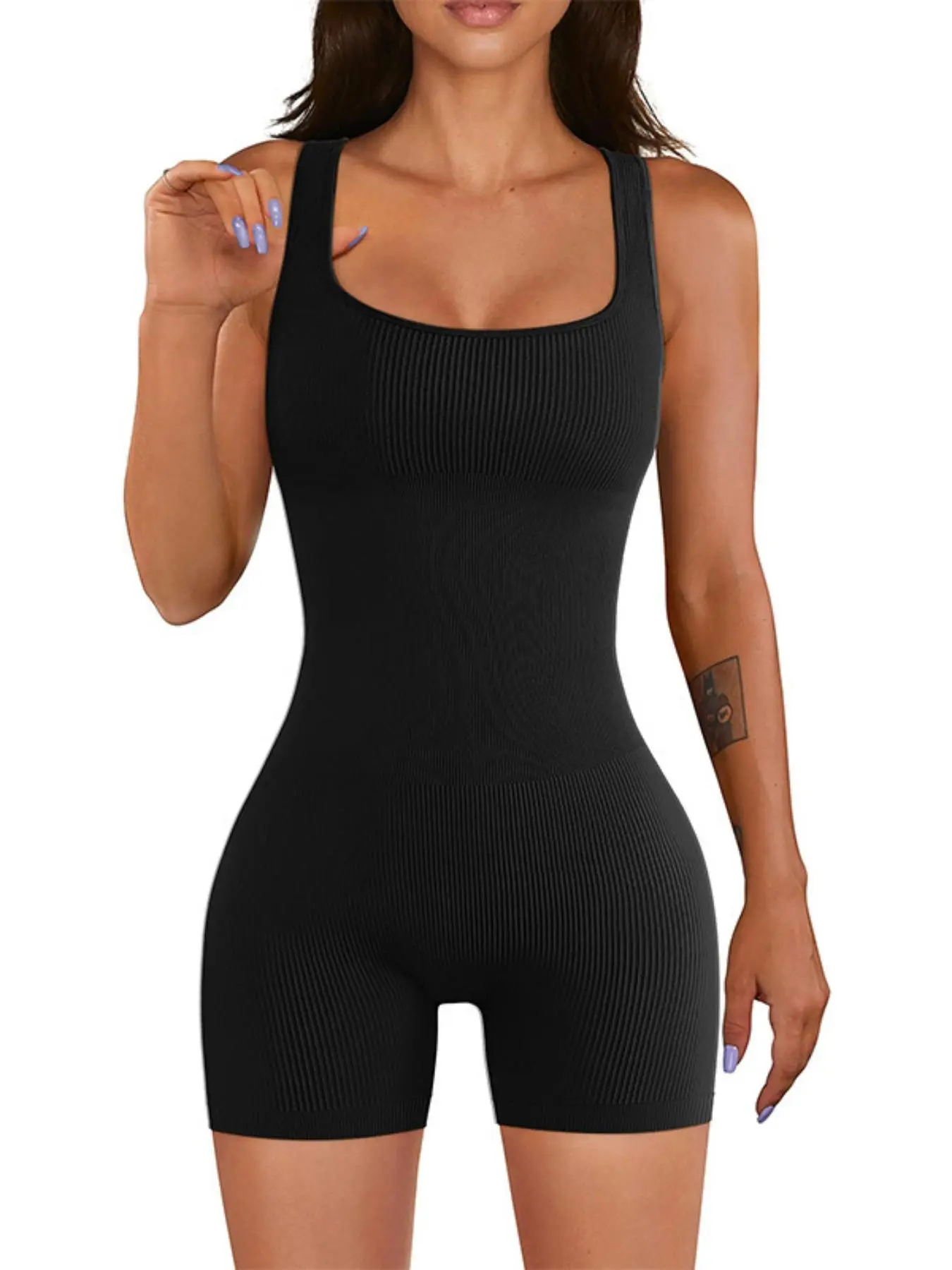Women's Solid Backless Scoop Neck Tank Romper, Casual High Stretch Seamless Shapewear Romper for Tummy Control, Ladies Clothes for Summer