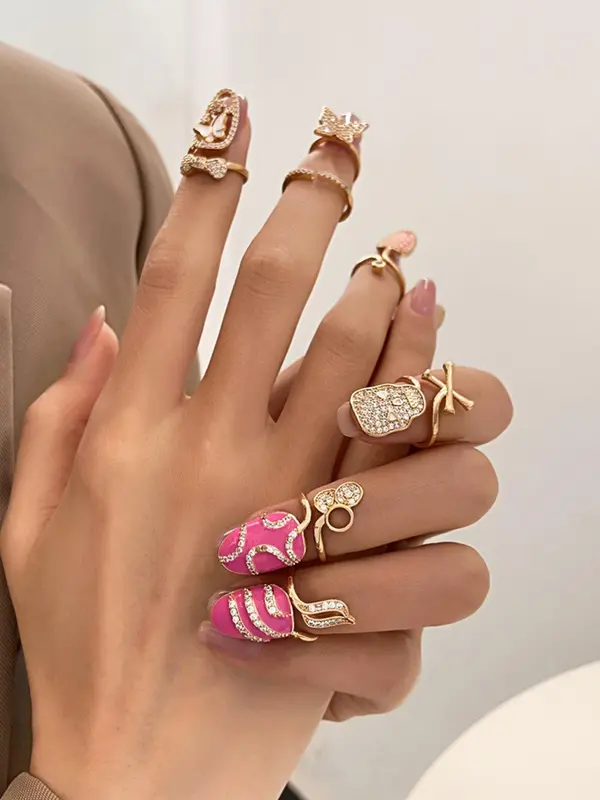 Elegant Rhinestone Decorated Ring Set, Fashion Accessories for Women & Girls, Trendy All-match & Exquisite Jewelry for Birthday Gift 0