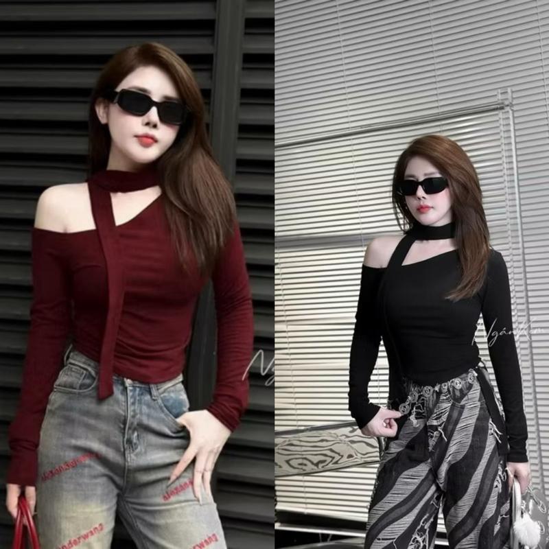   Có size  Lệch vai tay dài kèm dây cổ cá tính Nữ Top Kem Áo 