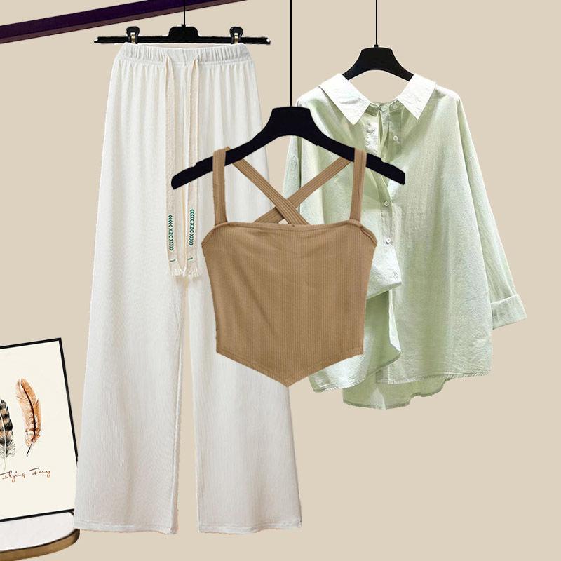 Product Introduction of plus Size Women's Summer Suit Female 2024 New Slim Korean Style Shirt Cross Tank Top Wide Leg Pants Three-Piece Suit Suit 13